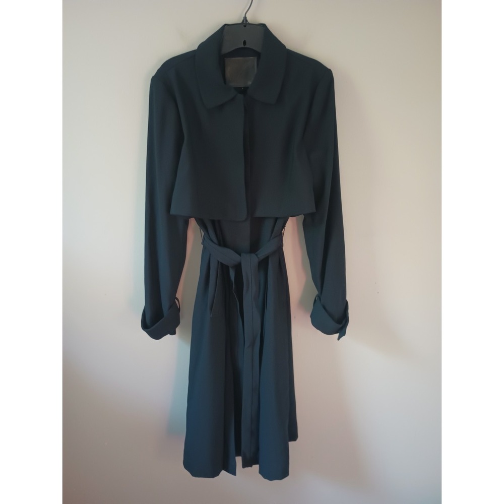 Dawn Levy‎ Size Large Womens Trench Coat Navy Belted Long Sleeve Lined Buttons